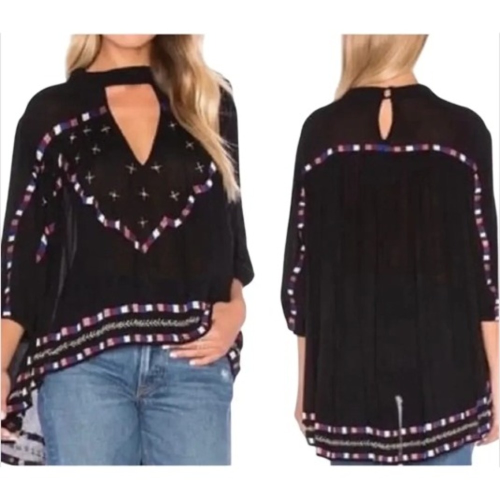 Anthropologie Chloe Oliver Embellished Blouse Keyhole Boho Embroidered XXSP